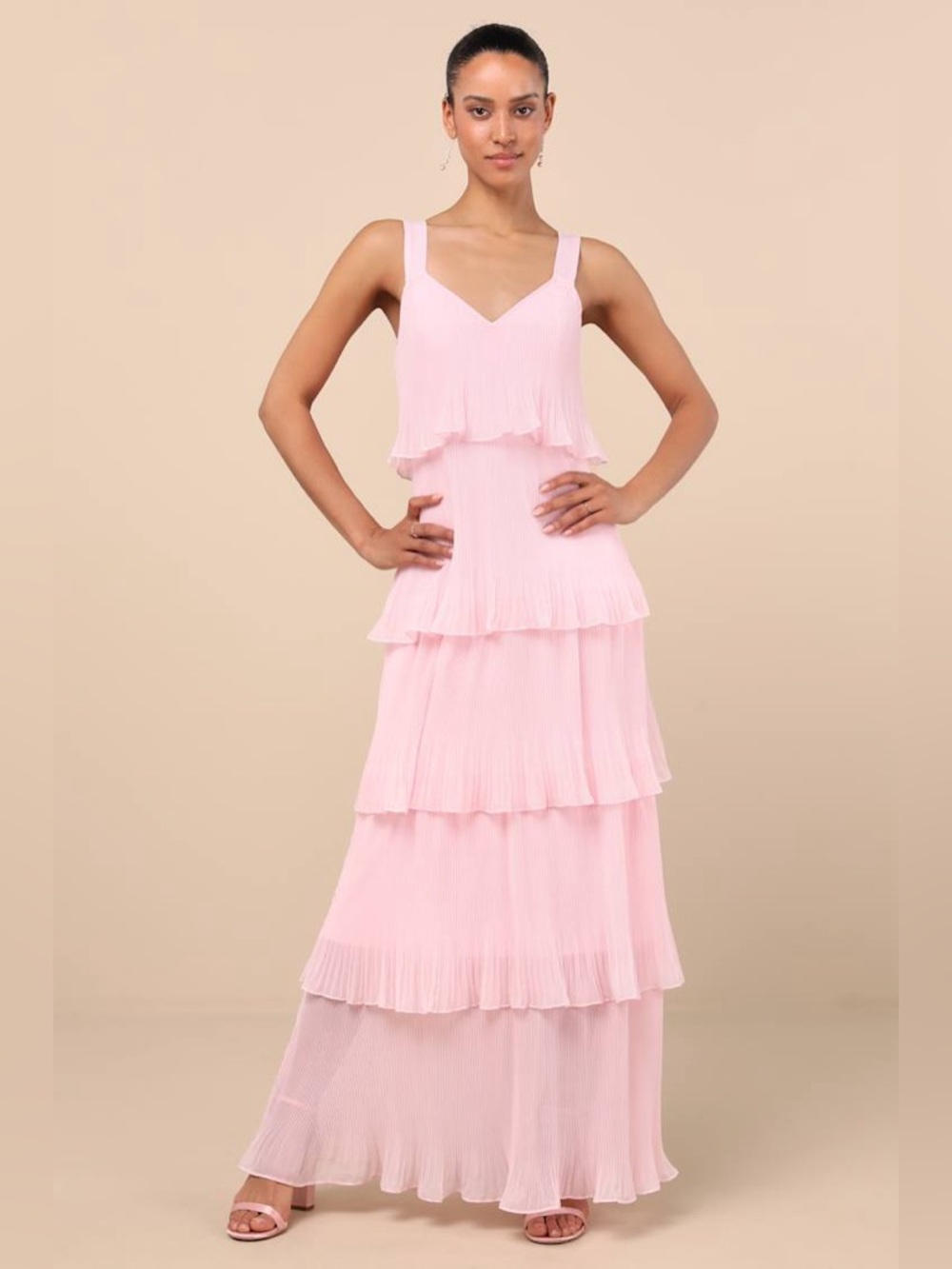 LULU'S Elegant Nature Blush Pink Pleated Sleeveless Tiered Maxi
Dress